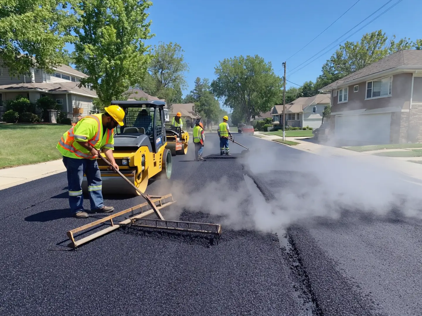Équipe de pavage étalant de l’asphalte chaud avec un rouleau compacteur