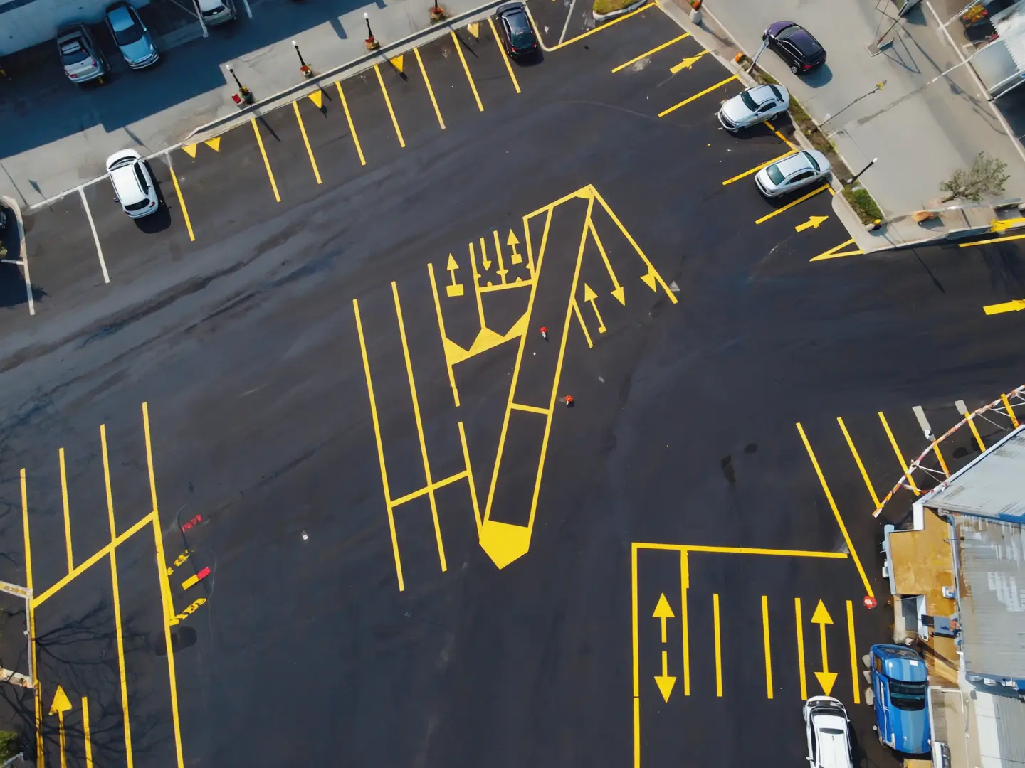 Stationnement commercial en asphalte neuf avec lignes jaunes, vue aérienne